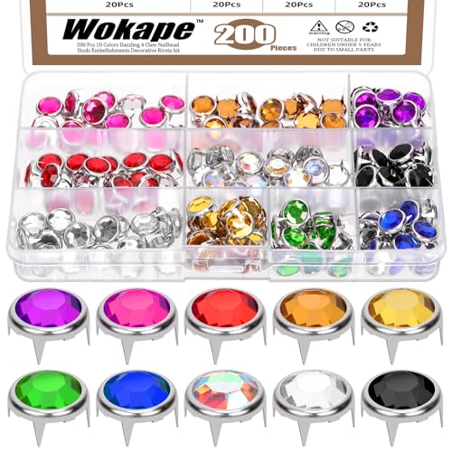 Wokape 200Pcs 12MM（0.47In) Rhinestone Stud Refill Sortiment Set 10 Farben Dazzling Crystal Claw Beads 4 Claw Nailhead Rivet Punk Copper Spikes Dekorative Nieten für DIY Leder Handwerk Kleidung von Wokape