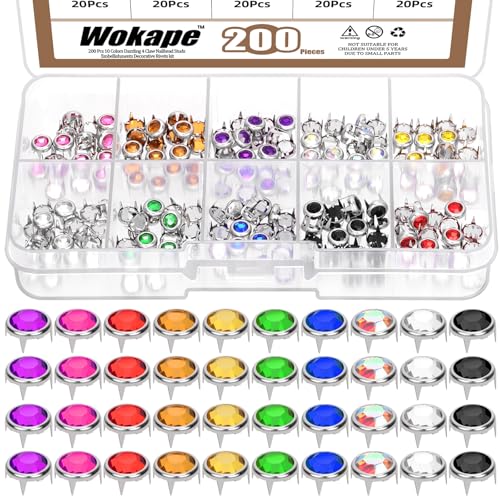 Wokape 200Pcs 6MM（0.24In) Rhinestone Stud Refill Sortiment Set 10 Farben Dazzling Crystal Claw Beads 4 Claw Nailhead Rivet Punk Copper Spikes Dekorative Nieten für DIY Leder Handwerk Kleidung von Wokape
