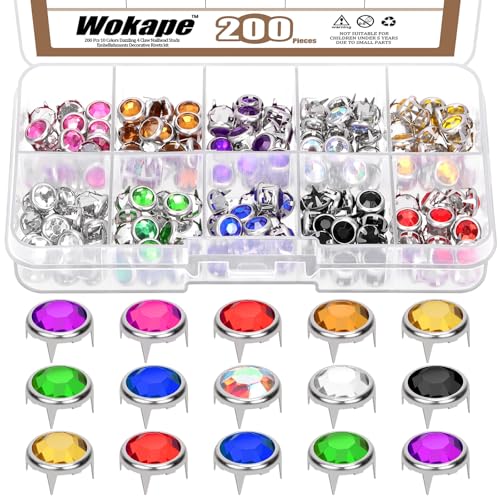 Wokape 200Pcs 8MM（0.31In) Rhinestone Stud Refill Sortiment Set 10 Farben Dazzling Crystal Claw Beads 4 Claw Nailhead Rivet Punk Copper Spikes Dekorative Nieten für DIY Leder Handwerk Kleidung von Wokape