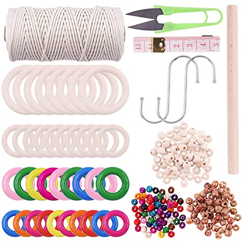 Wokape 231Pcs Makrame Sortiment Kit, 110 Yards x 3mm Makrame Schnur natürliche Seile, Holzstäbe, Reifen Ringe, farbige Perlen und Ringe, S Haken Makrame Kits für Makrame Pflanze Aufhänger von Wokape