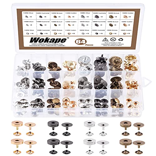 Wokape 65 Stück Magnetischer Druckknopfverschluss, 4 Farben 14 mm und 18 mm runde starke Magnetknopf-Verschlüsse Sortiment Kit für DIY Bastelset von Wokape