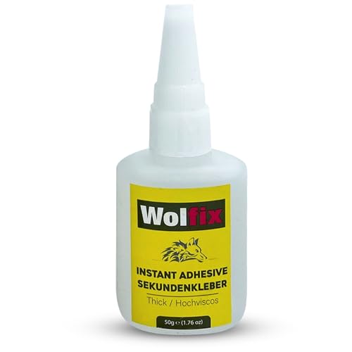 WOLFIX Cyanoacrylate Instant Adhesive Sekundenkleber extra stark Dickflüssiger Superkleber Universell verwendbar zum Kleben von Plastik, Kunststoff, Glas, Holz, Stein, Metall uvm… (50 gr.) von Wolfix