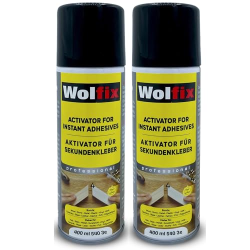 Wolfix Aktivator Spray Aushärtungsbeschleuinger 2 Stück 400ml für Sekundenkleber - Aerosol Sprühdose Extra Stark für Schnelles Aushärten von Alleskleber, Stoffkleber und Holzkleber - Sofortige Haftung von Wolfix