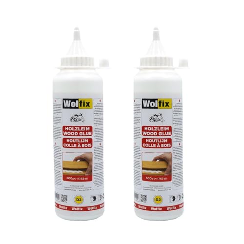 Wolfix Holzleim Wasserfest - Sekundenkleber Extra Stark für D3 und PVA 2 Stück 500ml - Schnell Trocknender Holzspachtelmasse Weiß innen - Montagekleber, Bastelkleber und Flüssigkleber für Holzarten von Wolfix