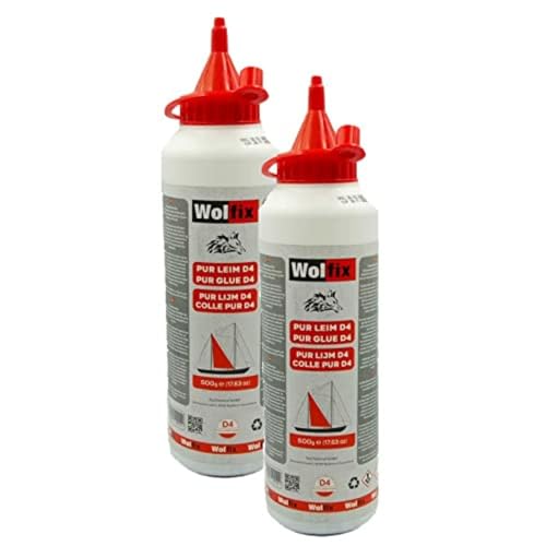 Wolfix Holzleim Wasserfest D4 2 Stück 500g - Sekundenkleber Extra Stark für Holz, Metall und PUR - PVC Kleber, Montagekleber, Bastelkleber und Flüssigkleber - Schnell Trocknender Holzspachtelmasse von Wolfix