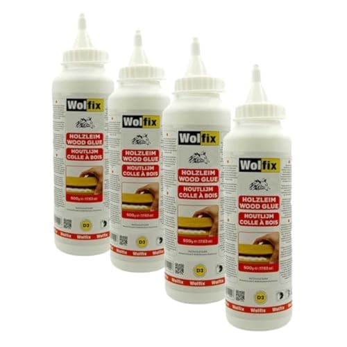 Wolfix Holzleim Wasserfest - Sekundenkleber Extra Stark für D3 und PVA 4 Stück 500ml - Schnell Trocknender Holzspachtelmasse Weiß innen - Montagekleber, Bastelkleber und Flüssigkleber für Holzarten von Wolfix