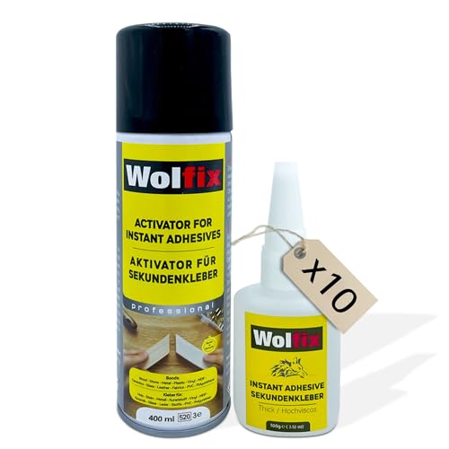 Wolfix Sekundenkleber Extra Stark 100g mit Aktivator Sprühkleber 400ml Spray 10er-Pack Alleskleber Set für Profi Reparaturen - Ideal für Materialien wie Kunststoff, Metall, Holz und Keramik Wolfix Sekundenkleber Extra Stark 100g mit Aktivator Sprühkleber 400ml Spray 10er-Pack Alleskleber Set für Profi Reparaturen - Ideal für Materialien wie Kunststoff, Metall, Holz und Keramik von Wolfix