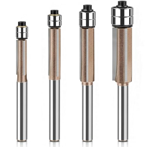 Wolfride 4-teiliges Bündigfräser-Bit-Set, 1/4-Zoll-Schaft, 3-schneidig, oberes Lager, Bündigfräser-Bit mit Doppellagern, 1/4 Zoll, 5/16 Zoll, 3/8 Zoll, 1/2 Zoll Wolfride 4-teiliges Bündigfräser-Bit-Set, 1/4-Zoll-Schaft, 3-schneidig, oberes Lager, Bündigfräser-Bit mit Doppellagern, 1/4 Zoll, 5/16 Zoll, 3/8 Zoll, 1/2 Zoll von Wolfride