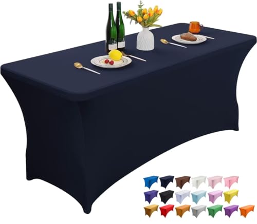 Wolfway 6FT Marineblau Stretch Spandex Tischdecke waschbar und faltenbeständig Küche Spandex Tischtuch ausgestattet rechteckigen Tisch für Party, Bankett, Hochzeiten, Cocktail und Festival von Wolfway