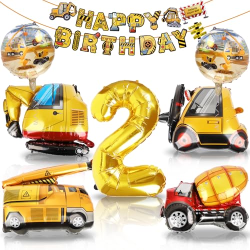 XXL Bagger 2. Geburtstag Deko, 2 Jahre Baustellen Geburtstagsdeko Jungen, Kran Traktor Folienballon, Luftballons Baufahrzeug mit Happy Birthday Banner, Zahlenballon 2 für BAU Party Kinder Geburtstag von Wolkstello