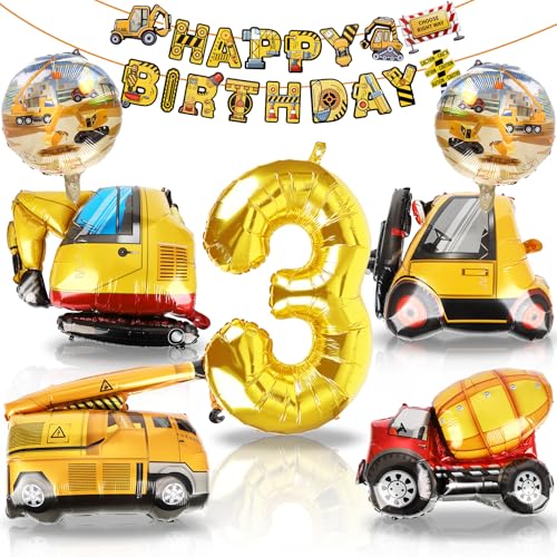 XXL Bagger 3. Geburtstag Deko, 3 Jahre Baustellen Geburtstagsdeko Jungen, Kran Traktor Folienballon, Luftballons Baufahrzeug mit Happy Birthday Banner, Zahlenballon 3 für BAU Party Kinder Geburtstag von Wolkstello