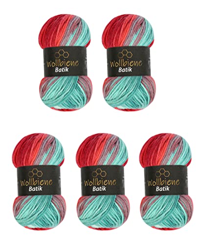 5 x 100g Wollbiene Batik 500 Gramm Wolle mit Farbverlauf mehrfarbig Multicolor Strickwolle Häkelwolle (1420 petrol rot) von Wollbiene