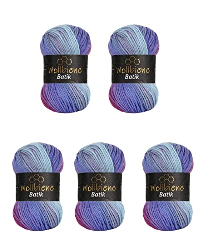5 x 100g Wollbiene Batik 500 Gramm Wolle mit Farbverlauf mehrfarbig Multicolor Strickwolle Häkelwolle (2000 beere lila) von Wollbiene