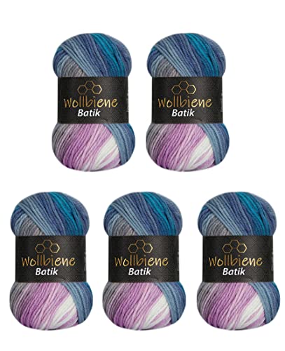 5 x 100g Wollbiene Batik 500 Gramm Wolle mit Farbverlauf mehrfarbig Multicolor Strickwolle Häkelwolle (2030 blau türkis rose) von Wollbiene