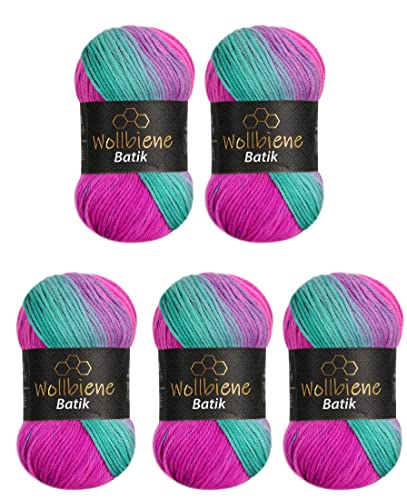 5 x 100g Wollbiene Batik 500 Gramm Wolle mit Farbverlauf mehrfarbig Multicolor Strickwolle Häkelwolle (2040 pink grün) von Wollbiene