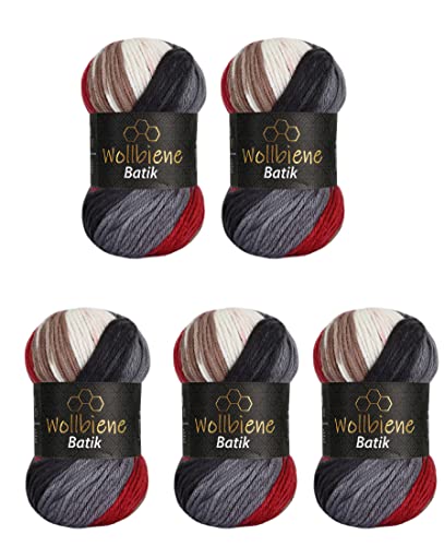 5 x 100g Wollbiene Batik 500 Gramm Wolle mit Farbverlauf mehrfarbig Multicolor Strickwolle Häkelwolle (2050 grau rot braun) von Wollbiene