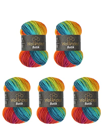 5 x 100g Wollbiene Batik 500 Gramm Wolle mit Farbverlauf mehrfarbig Multicolor Strickwolle Häkelwolle (2060 beere orange grün türkis) von Wollbiene