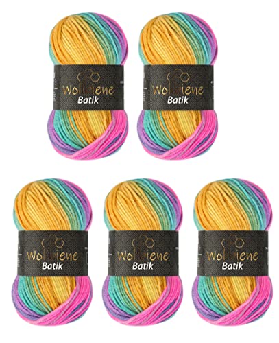 5 x 100g Wollbiene Batik 500 Gramm Wolle mit Farbverlauf mehrfarbig Multicolor Strickwolle Häkelwolle (2080 gelb grau pink) von Wollbiene