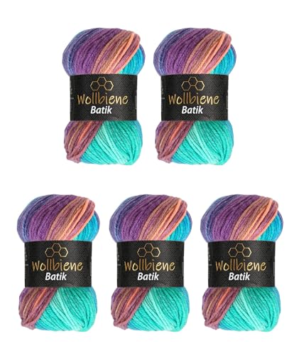 5 x 100g Wollbiene Batik 500 Gramm Wolle mit Farbverlauf mehrfarbig Multicolor Strickwolle Häkelwolle (2280 türkis blau orange) von Wollbiene