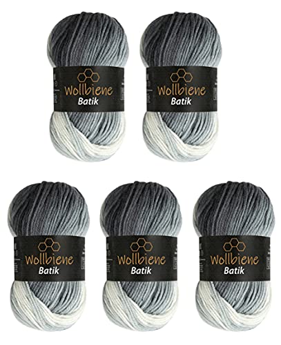 5 x 100g Wollbiene Batik 500 Gramm Wolle mit Farbverlauf mehrfarbig Multicolor Strickwolle Häkelwolle (5000 schwarz grau weiß) von Wollbiene