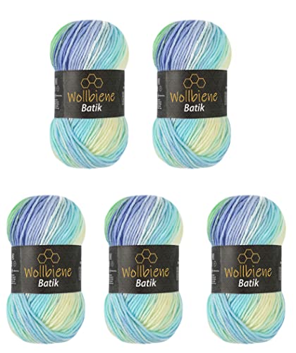 5 x 100g Wollbiene Batik 500 Gramm Wolle mit Farbverlauf mehrfarbig Multicolor Strickwolle Häkelwolle (5010 blau grün aqua) von Wollbiene