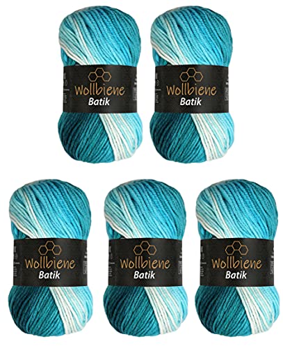 5 x 100g Wollbiene Batik 500 Gramm Wolle mit Farbverlauf mehrfarbig Multicolor Strickwolle Häkelwolle (5200 petrol türkis weiß) von Wollbiene