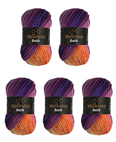 5 x 100g Wollbiene Batik 500 Gramm Wolle mit Farbverlauf mehrfarbig Multicolor Strickwolle Häkelwolle (5600 lila beere orange) von Wollbiene