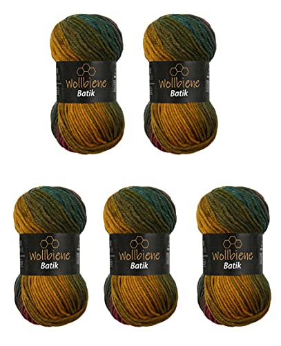 5 x 100g Wollbiene Batik 500 Gramm Wolle mit Farbverlauf mehrfarbig Multicolor Strickwolle Häkelwolle (5800 rot grün ocker) von Wollbiene