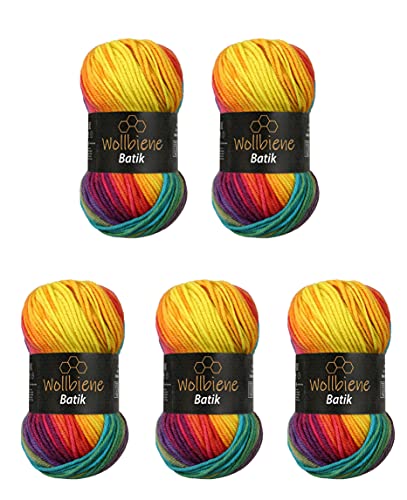 5 x 100g Wollbiene Batik 500 Gramm Wolle mit Farbverlauf mehrfarbig Multicolor Strickwolle Häkelwolle (5910 regenbogen) von Wollbiene