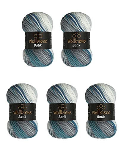 5 x 100g Wollbiene Batik 500 Gramm Wolle mit Farbverlauf mehrfarbig Multicolor Strickwolle Häkelwolle (5950 blau türkis grau) von Wollbiene