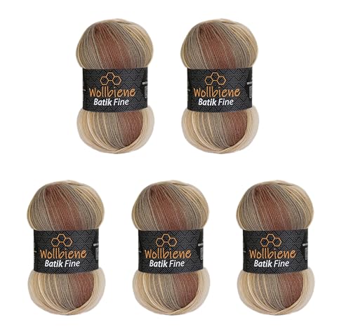 5 x 100g Wollbiene Batik Fine 500 Gramm Wolle mit Farbverlauf mehrfarbig Multicolor Strickwolle Häkelwolle (5020 braun beige) von Wollbiene