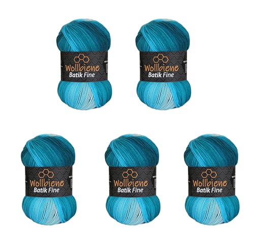 5 x 100g Wollbiene Batik Fine 500 Gramm Wolle mit Farbverlauf mehrfarbig Multicolor Strickwolle Häkelwolle (5200 petrol türkis weiß) von Wollbiene