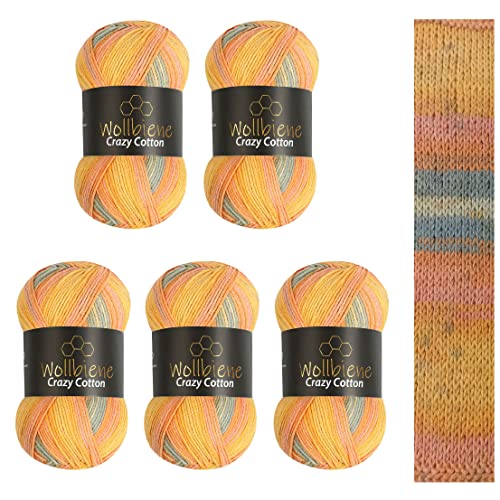 5 x 100g Wollbiene Crazy Cotton Batik 500 Gramm mit Farbverlauf 55% Baumwolle mehrfarbig Multicolor Strickwolle Häkelwolle Wolle Ganzjahreswolle (5030 grau orange gelb) von Wollbiene