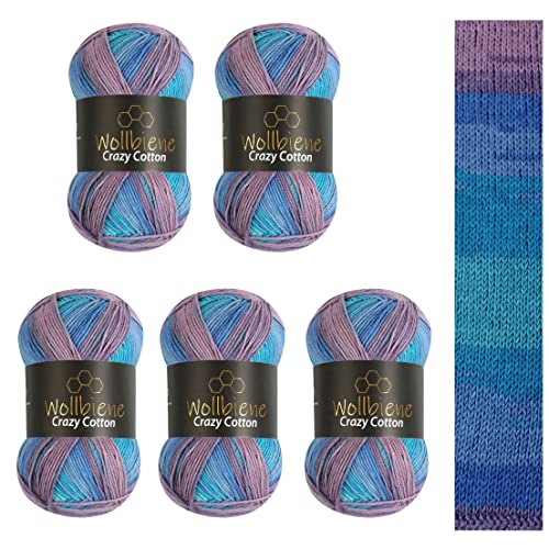 5 x 100g Wollbiene Crazy Cotton Batik 500 Gramm mit Farbverlauf 55% Baumwolle mehrfarbig Multicolor Strickwolle Häkelwolle Wolle Ganzjahreswolle (6020 blau flieder türkis) von Wollbiene