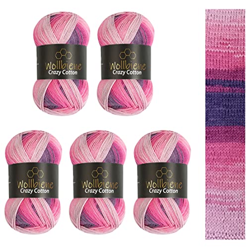 5 x 100g Wollbiene Crazy Cotton Batik 500 Gramm mit Farbverlauf 55% Baumwolle mehrfarbig Multicolor Strickwolle Häkelwolle Wolle Ganzjahreswolle (6040 beere lila rosa) von Wollbiene