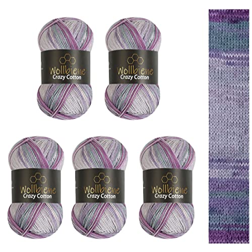 5 x 100g Wollbiene Crazy Cotton Batik 500 Gramm mit Farbverlauf 55% Baumwolle mehrfarbig Multicolor Strickwolle Häkelwolle Wolle Ganzjahreswolle (6050 beere lila grau) von Wollbiene