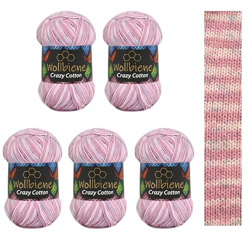5 x 100g Wollbiene Crazy Cotton Batik 500 Gramm mit Farbverlauf 55% Baumwolle mehrfarbig Multicolor Strickwolle Häkelwolle Wolle Ganzjahreswolle (6080 flieder blau color) von Wollbiene