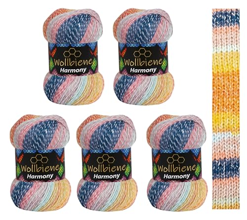 5 x 100g Wollbiene Harmony Batik 500 Gramm mit Farbverlauf 30% Baumwolle mehrfarbig Multicolor Strickwolle Häkelwolle Wolle Ganzjahreswolle (8010 blau orange gelb mint) von Wollbiene