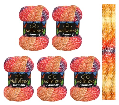 5 x 100g Wollbiene Harmony Batik 500 Gramm mit Farbverlauf 30% Baumwolle mehrfarbig Multicolor Strickwolle Häkelwolle Wolle Ganzjahreswolle (8060 blau rot orange) von Wollbiene
