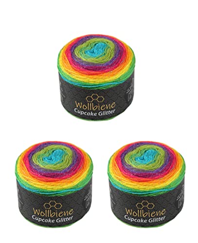 Cupcake Glitter Simli 3 x 150g Strickwolle 450 Gramm Wolle zum Stricken und Häkeln Babywolle türkische Wolle Farbverlaufswolle Glitzer (3040 regenbogen) von Wollbiene