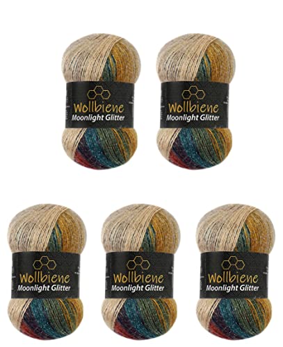 Moonlight Glitter Batik Simli 5 x 100g Strickwolle 500 Gramm Wolle zum Stricken und Häkeln 20% Wolle Metallic-Wolle türkische Wolle Farbverlaufswolle Glitzerwolle (3050 kastanie ocker grün) von Wollbiene