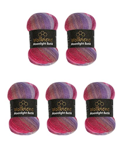 Moonlight Glitter Batik Simli 5 x 100g Strickwolle 500 Gramm Wolle zum Stricken und Häkeln 20% Wolle Metallic-Wolle türkische Wolle Farbverlaufswolle Glitzerwolle (3080 lila rot rosa) von Wollbiene
