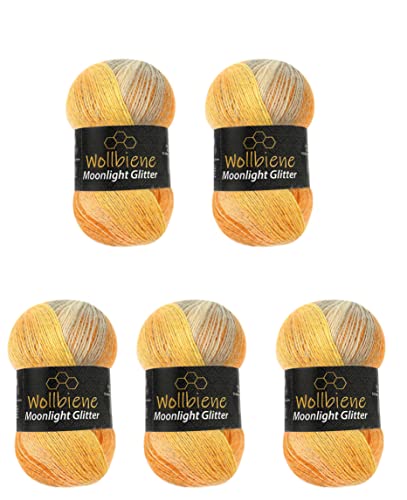 Moonlight Glitter Batik Simli 5 x 100g Strickwolle 500 Gramm Wolle zum Stricken und Häkeln 20% Wolle Metallic-Wolle türkische Wolle Farbverlaufswolle Glitzerwolle (4000 orange gelb grau) von Wollbiene