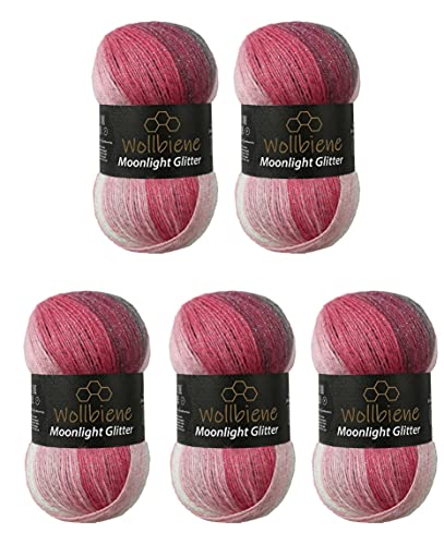 Moonlight Glitter Batik Simli 5 x 100g Strickwolle 500 Gramm Wolle zum Stricken und Häkeln 20% Wolle Metallic-Wolle türkische Wolle Farbverlaufswolle Glitzerwolle (5100 grau beere weiß) von Wollbiene