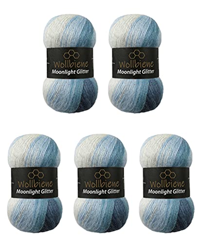 Moonlight Glitter Batik Simli 5 x 100g Strickwolle 500 Gramm Wolle zum Stricken und Häkeln 20% Wolle Metallic-Wolle türkische Wolle Farbverlaufswolle Glitzerwolle (5500 blau weiß) von Wollbiene