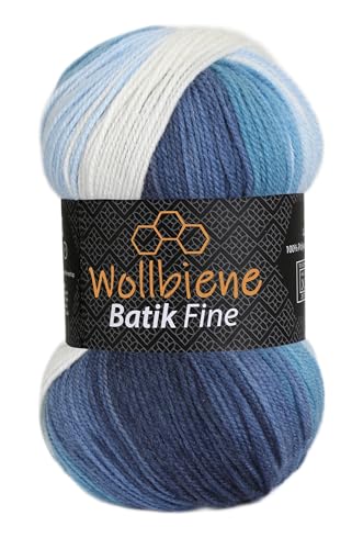 Wollbiene Batik Fine 100 Gramm Wolle mit Farbverlauf mehrfarbig Multicolor Strickwolle Häkelwolle (5500 blau weiß) von Wollbiene