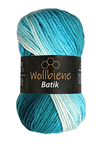 Wollbiene Batik Wolle mit Farbverlauf mehrfarbig 100g Multicolor Strickwolle Häkelwolle (5200 petrol türkis weiß) von Wollbiene