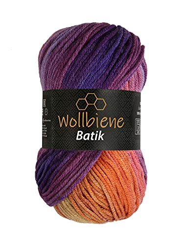 Wollbiene Batik Wolle mit Farbverlauf mehrfarbig 100g Multicolor Strickwolle Häkelwolle (5600 lila beere orange) von Wollbiene