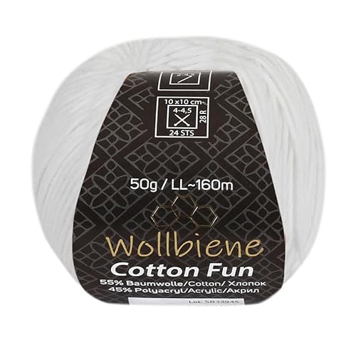 Wollbiene Cotton Fun Strickwolle 55% Baumwolle - Vielfältige Farbauswahl, Garn, Amigurumi Jeans 50g (01 weiß) von Wollbiene
