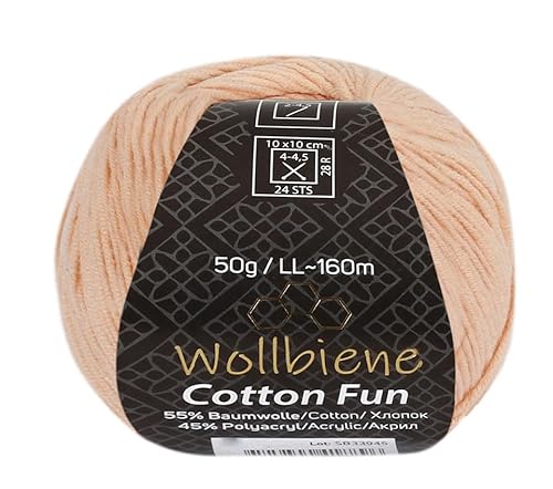 Wollbiene Cotton Fun Strickwolle 55% Baumwolle - Vielfältige Farbauswahl, Garn, Amigurumi Jeans 50g (03 apricot) von Wollbiene